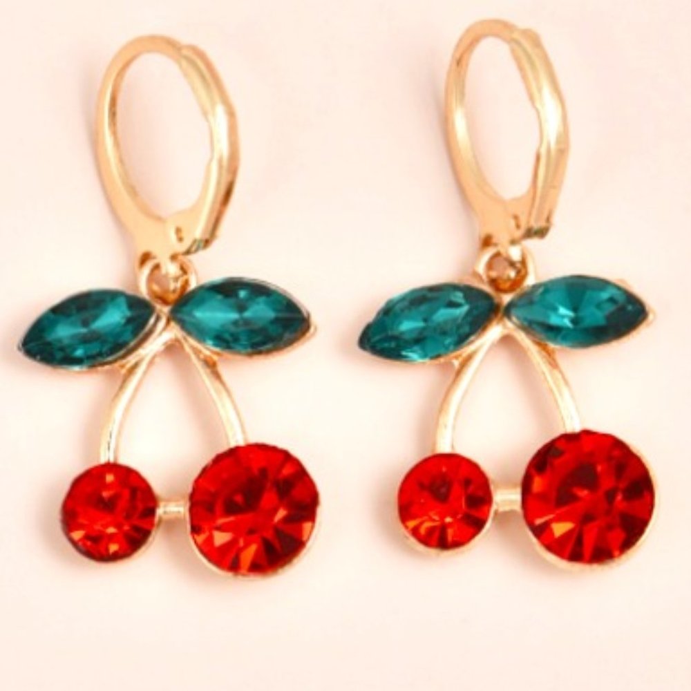 NEW! Beautiful Red Green Gold CHERRY Hoop EARRINGS!! FLIRTY FUN! TRENDY Summer - Picture 2 of 2
